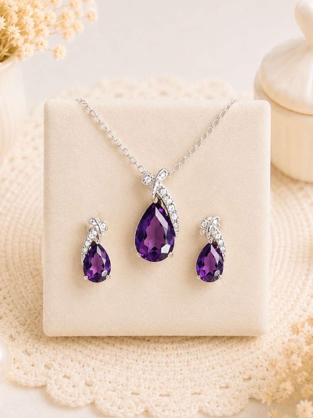 Silver Tone Purple Amethyst  Teardrop Stones with Clear Stone Accents Set